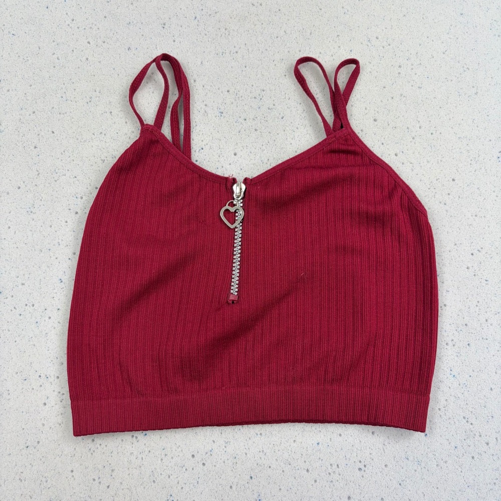 Coquette Womens Crop‎ Top Burgundy Red Heart Zip Ribbed Y2K McBling Aesthetic S